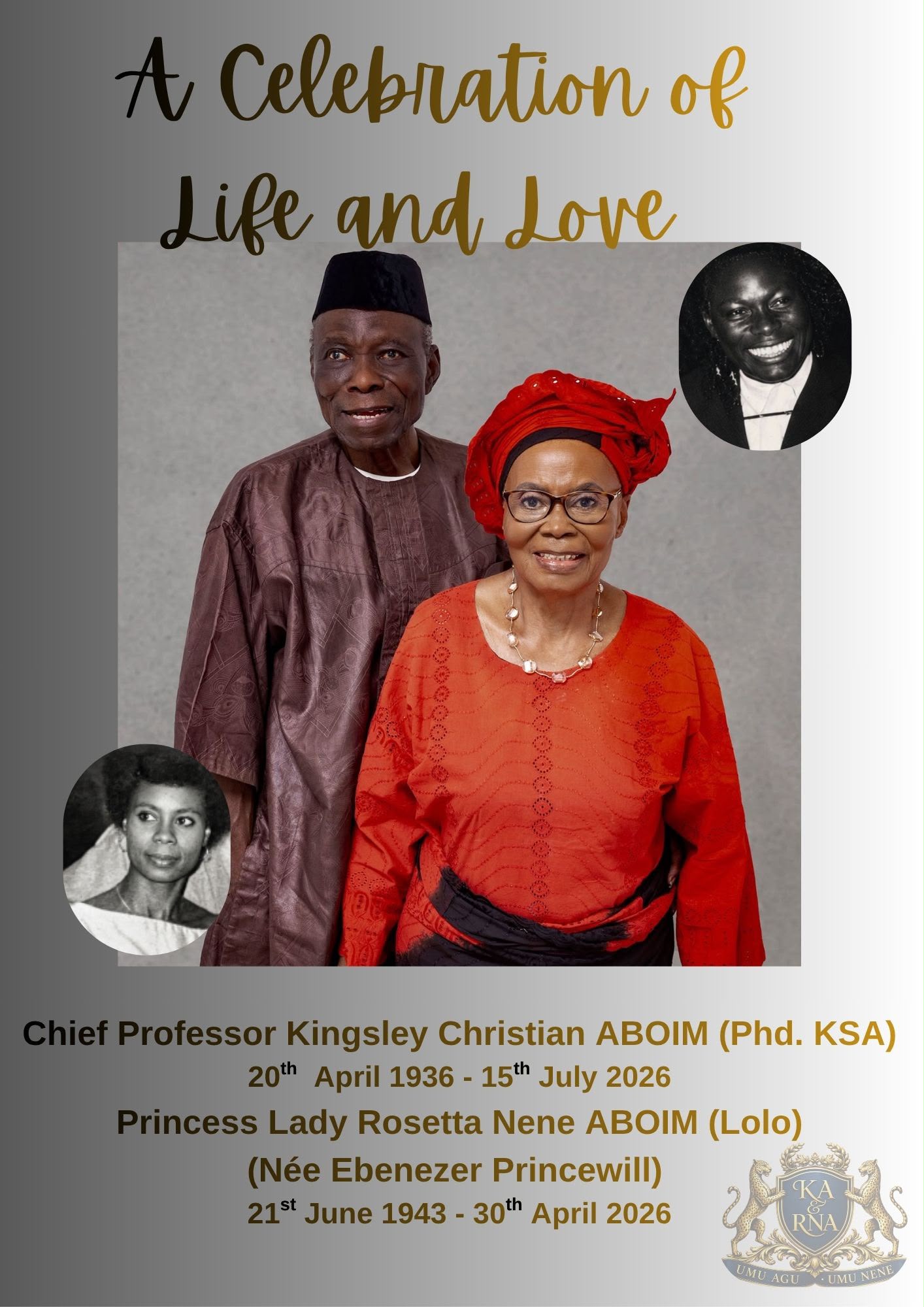 Celebration of Life & Love poster for Chief Prof Kingsley Christian Chukwunyere Aboim (PhD, KSA) and Princess Lady Rosetta Nene Aboim (Lolo)